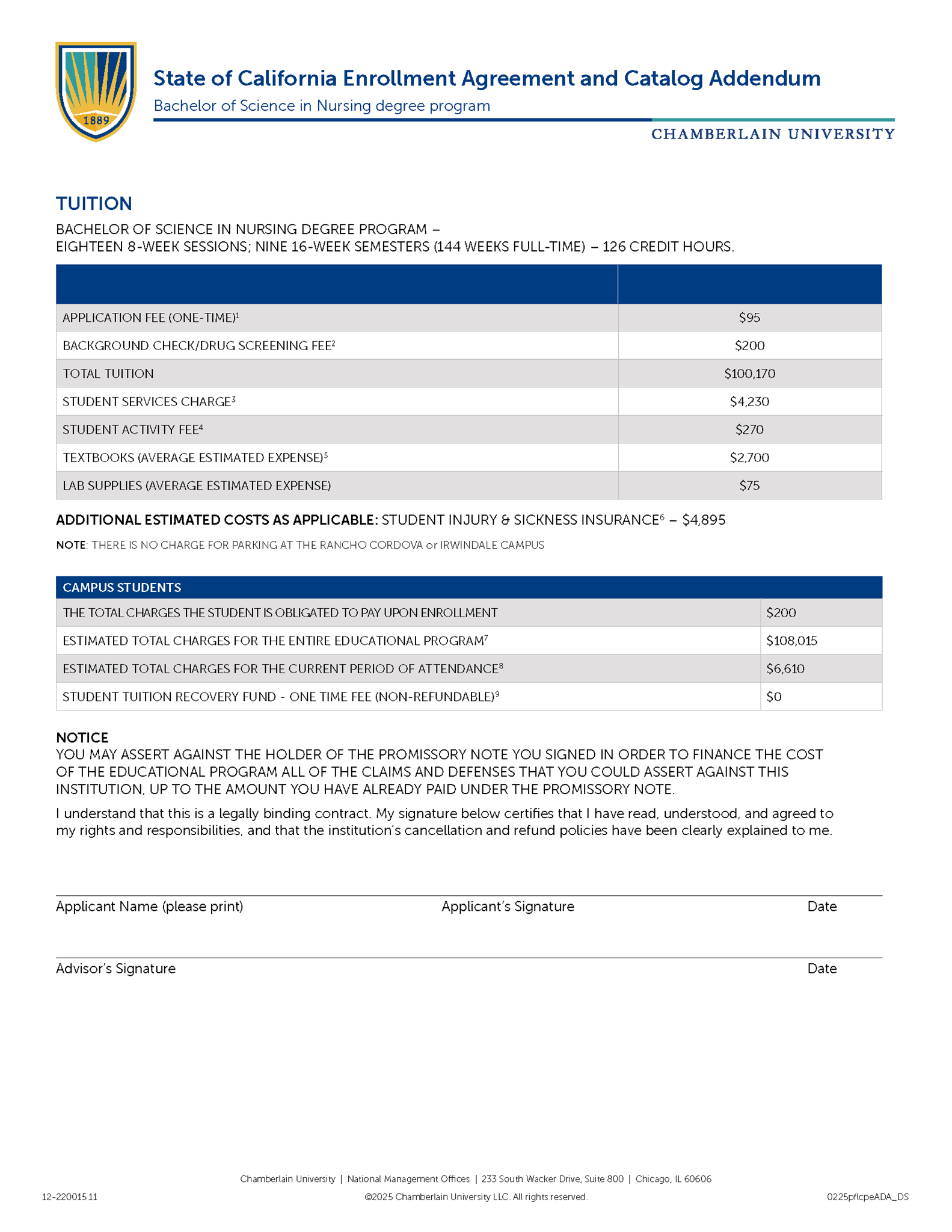 Picture of California Enrollment Agreement and Catalog Addendum - Bachelor of Science in Nursing Degree Program